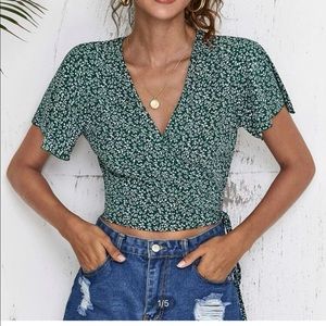 Ditsy floral self tie surplice wrap top